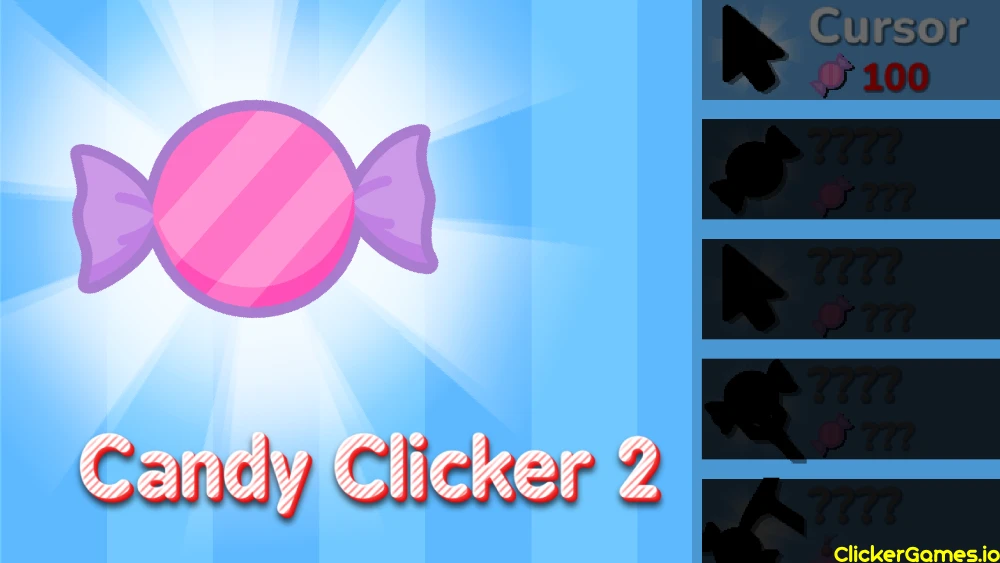 Customizing candy skins and tracking stats in Candy Clicker 2 game menu.