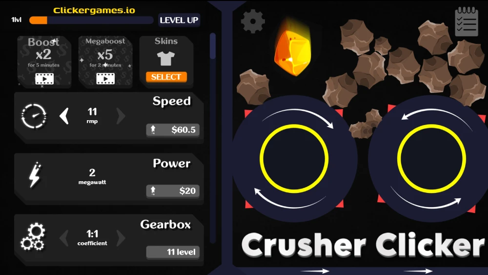 A powerful hydraulic press crushing colorful crystals in Crusher Clicker.