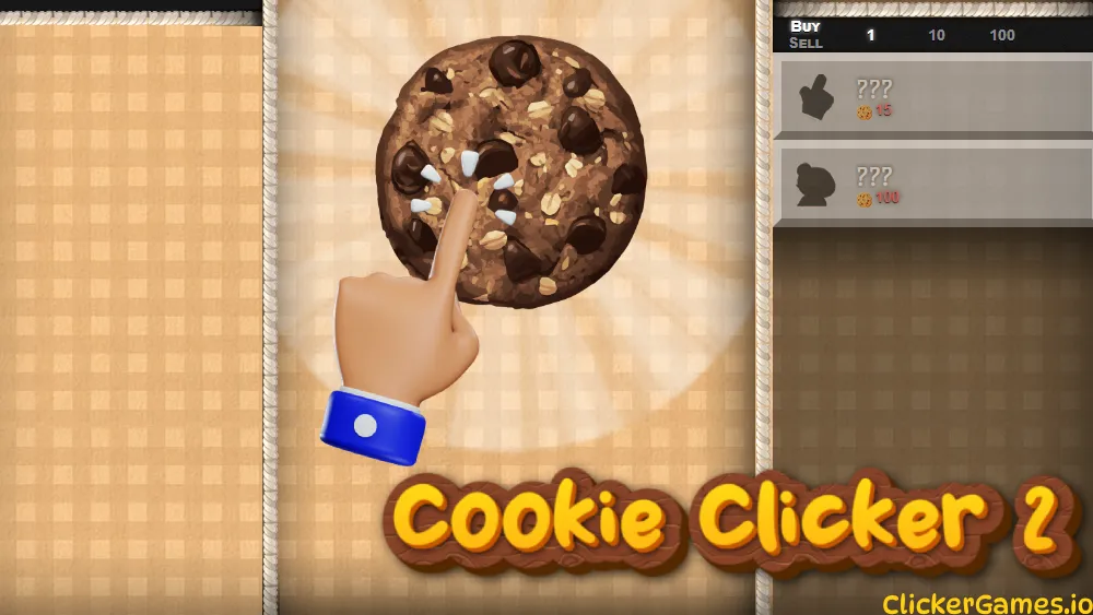Cookie Clicker 2 gameplay showing the giant cookie and upgrade panel